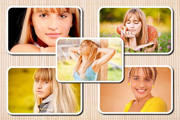 Fotocollage Junge Schöne Frau Mit Blonden Haaren Draußen Und Drinnen — Stockfoto