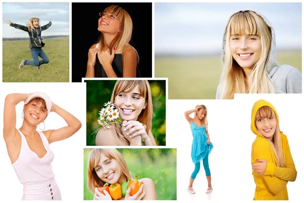 Colagem Fotos Jovem Mulher Bonita Com Cabelo Loiro Livre Dentro — Fotografia de Stock