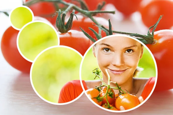 Colagem Fotos Belos Tomates Vermelhos Maduros Menina Segurando Tomates Mão — Fotografia de Stock