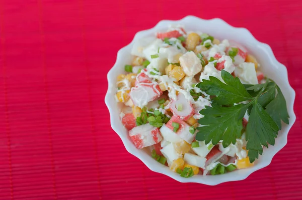 Salad Crab Sticks Corn Parsley Plate Red Bamboo Table Cloth — Stock Photo, Image