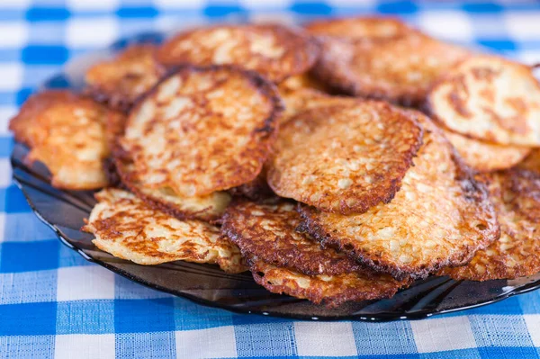 Small Fried Pancakes Checkered Blue Tablecloth — Stock Photo, Image