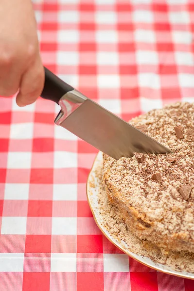 Cuchillo Corte Mujer Delicioso Pastel Casero Espolvorear Con Chocolate Sobre — Foto de Stock