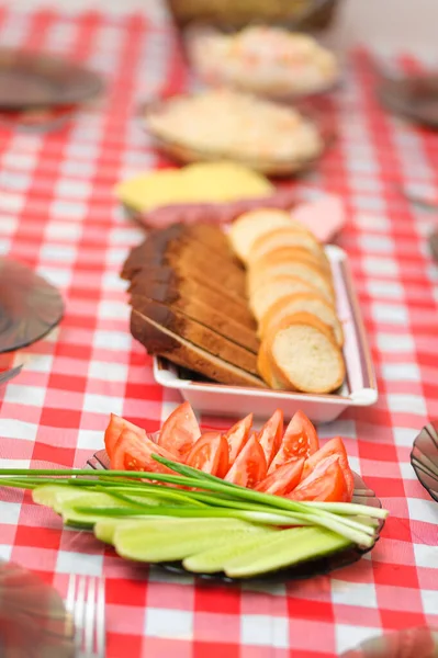 Chopped Cucumbers Tomatoes Black White Bread Checkered Red Tablecloth — Stock Photo, Image