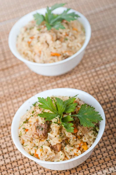 Pilaf Meat Rice Garnished Parsley Bamboo Table Cloth — Stock Photo, Image