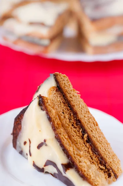 Delicious Cake Cut Piece White Plate Red Bamboo Table Cloth — Stock Photo, Image