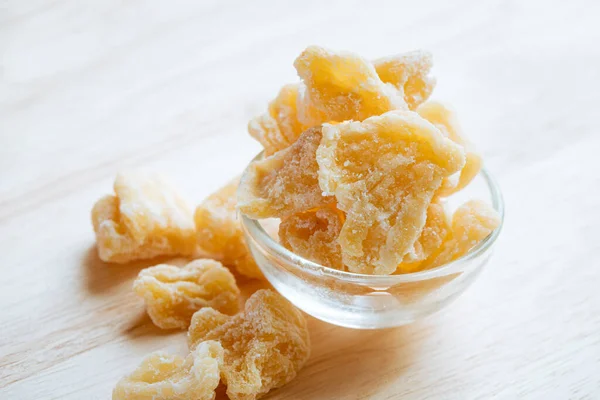 Dried Candied Ginger Glass Bowl Close Table — Stock Photo, Image