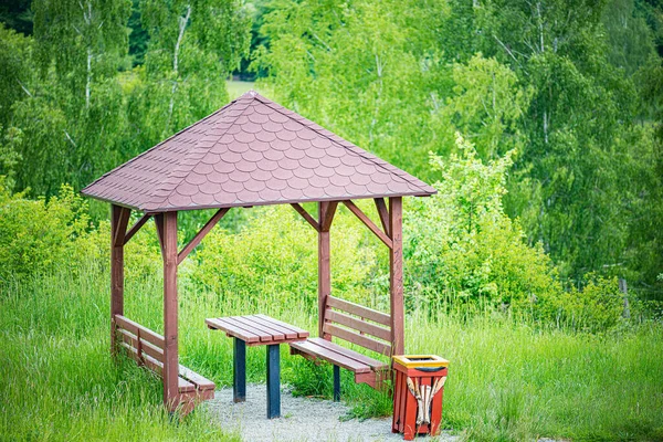 Vackert Trälusthus Med Sittplatser Och Bord Nära Björkdungen — Stockfoto