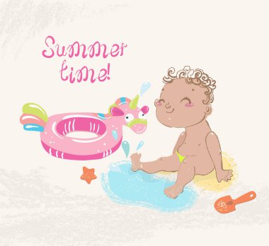 El çizimi çocuk yaz sahilde, şirin kart çekilmiş.