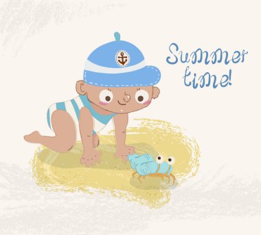 Çocuğun sahilde izlerken yengeç, yaz arka plan, şirin çocuk tarafından çizilen illüstrasyon el