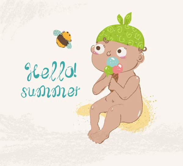 Hand Getekende Illustratie Van Kind Met Een Ijsje Zomer Achtergrond — Stockvector