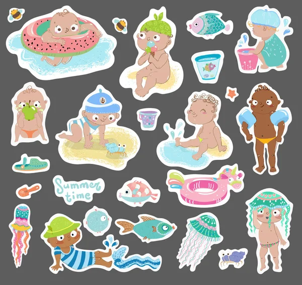 Hand Drawn Illustration Child Summer Beach Cute Sticker Collection — Stock Vector