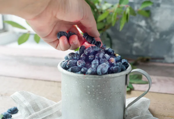 Kaprifol Berry Metall Kopp Med Gröna Blad Ett Träbord Och — Stockfoto