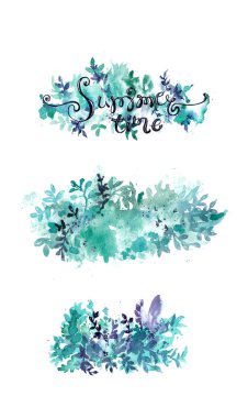 Yaz çiçek arka plan ayarlamak, suluboya sıçrama ve bitki koleksiyonu