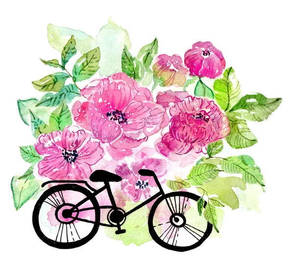 Graphic drawing of  bicycle over watercolor floral background, beautiful card