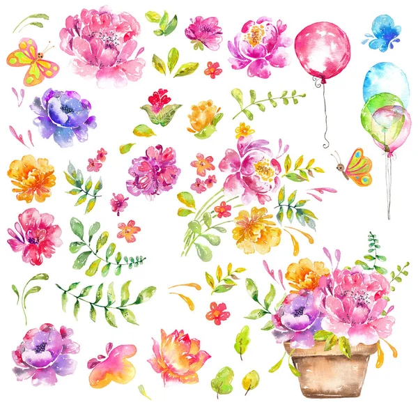 Watercolor Beautiful Floral Design Brigft Flowers White Background Different Kind — Stock Photo, Image