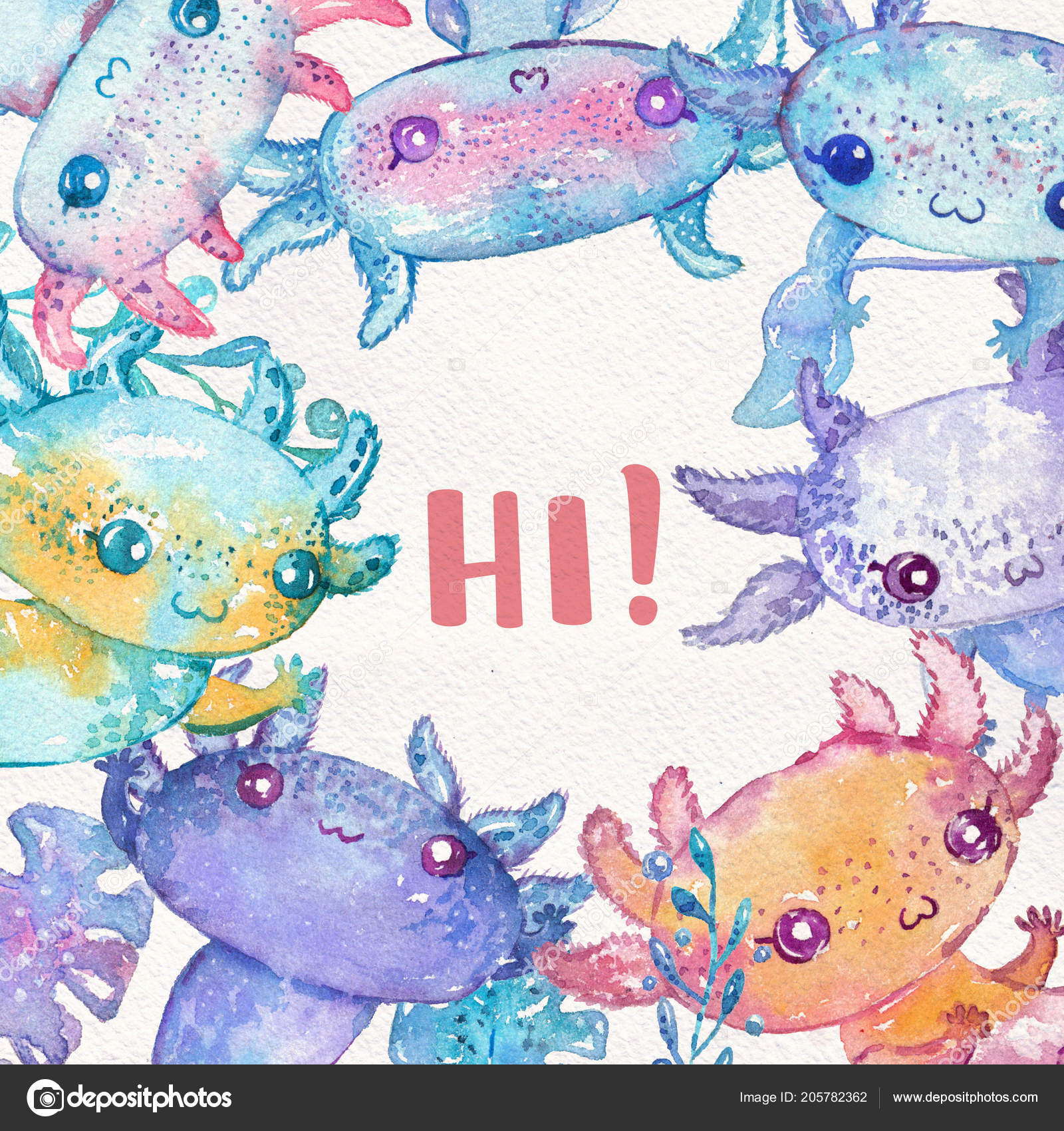 Watercolor Cute Axolotl Characters Funny Card Stock Photo Image By C Vasilek