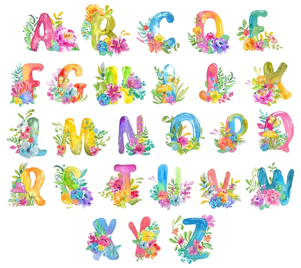 Abc Alphabet Aquarellbuchstaben Mit Floralen Kompositionen Über Weiß Für Schönes — Stockfoto