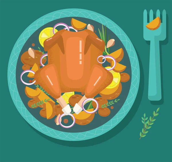 Sült Csirke Sült Pulyka Ünnepi Vacsora Modern Lapos Stílusú Illusztráció — Stock Vector