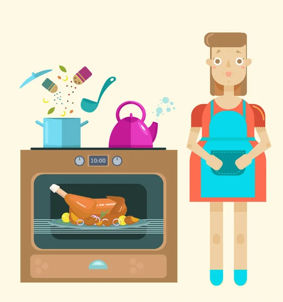 Mistress Kitchen Cooking Roast Turkey Modern Illustration Flat Style — Stock Vector