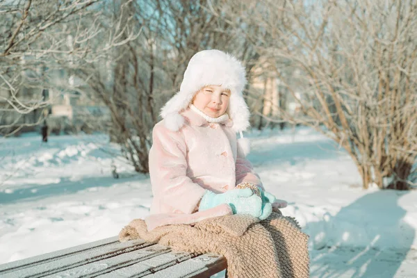 Little Girl Christmas Toy Sitting Park Smile Face Joyful Child — Stock Photo, Image