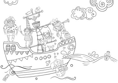Bir gemi denizde yüzen çocuk boyama - korsanlar, farklı karakterler, illüstrasyon, sert ve komik, siyah ve beyaz