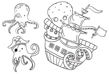 Boyama deniz sakinleri - ahtapot, çocuk illüstrasyon, deniz ayarı, komik karakterler, topluluğu