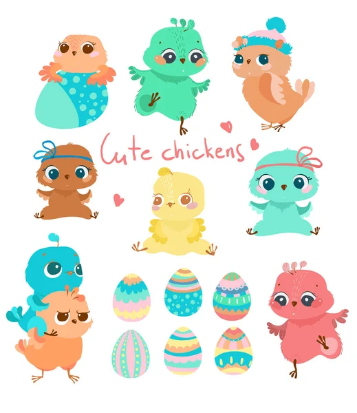 Húsvéti Kép Karikatúra Különböző Csirkék Különböző Karakterek Színes Tojásokat — Stock Vector