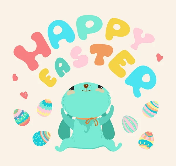 Illustrazione Pasqua Carino Coniglio Cartone Animato Scritte Colorate Buona Pasqua — Vettoriale Stock