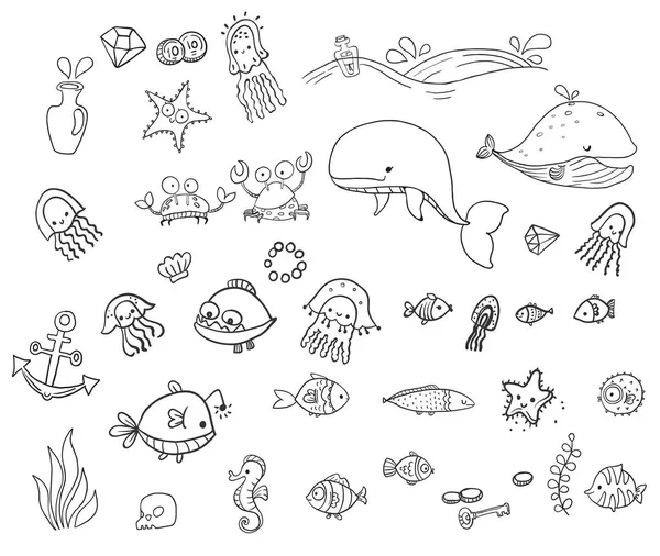 海の生き物のコレクション 子供のイラスト 海のセット 塗り絵 変な文字 — ストックベクタ