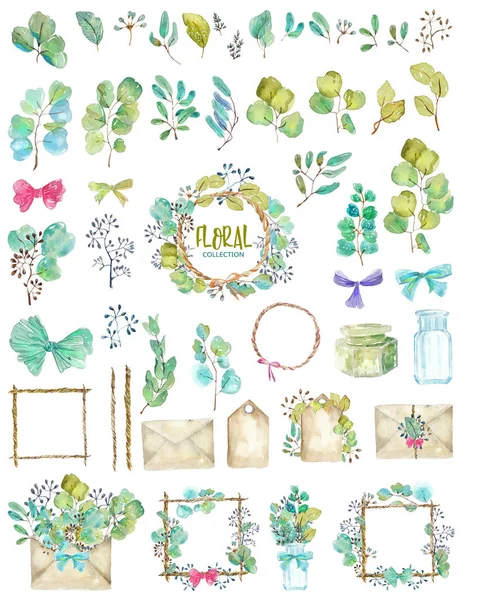 Set Elementi Vegetali Verde Acquerello Dettagli Vintage Carta Vecchia Spago — Foto Stock