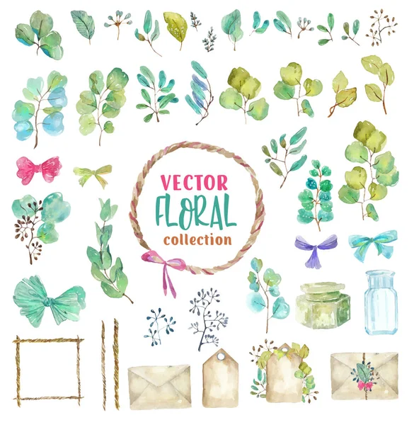 Ensemble Éléments Végétaux Vert Aquarelle Détails Vintage Vieux Papier Ficelle — Image vectorielle