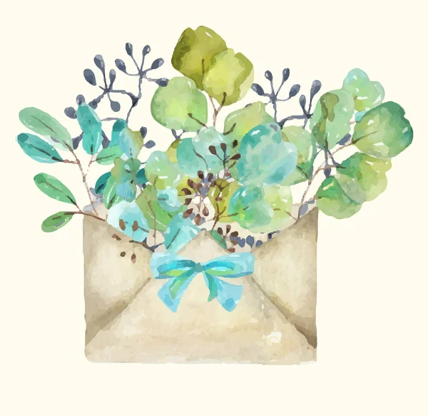 水彩纸信封与叶子和种子 并与弓 手工制作 美丽的插图为设计的卡 剪贴簿和其他东西 — 图库矢量图片
