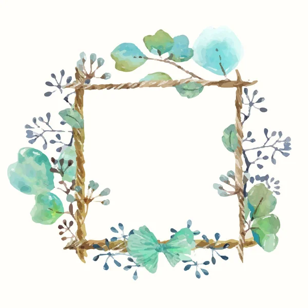 Watercolor Frame Leaves Seeds Twine Bow Handmade Beautiful Frame Design — Stock Vector