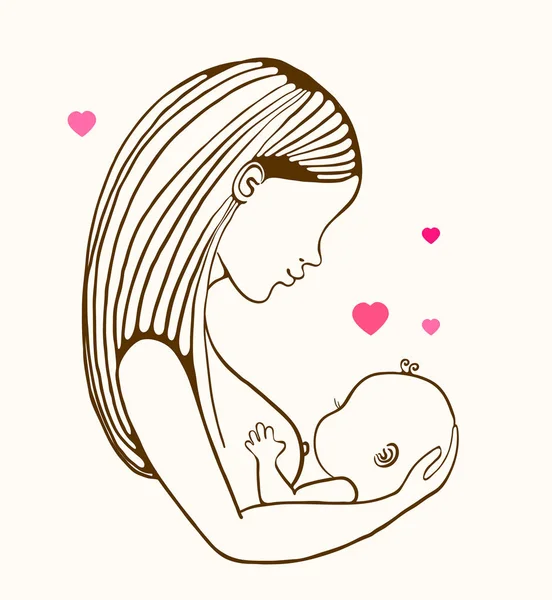 Mother Breast Feeding Cute Baby Linear Illustration — Stock Vector