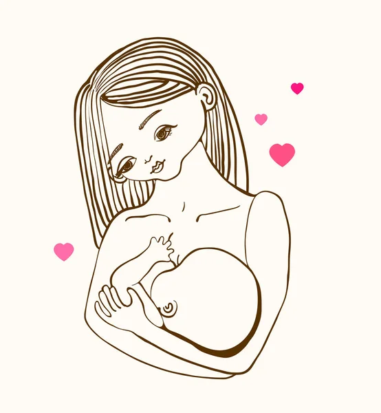 Mor Breast Feeding Och Söt Baby Linjär Illustration — Stock vektor