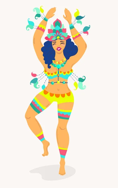 Brasilien Karneval Vektorillustration Med Brasilianska Dansande Flicka Med Fjädrar Och — Stock vektor