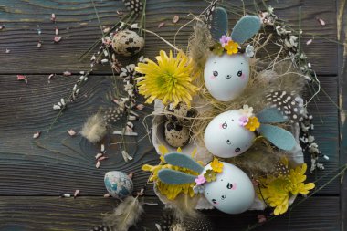 Paskalya arka plan, ev yapımı yumurta kabuğu tavşan ve sarı chrysan