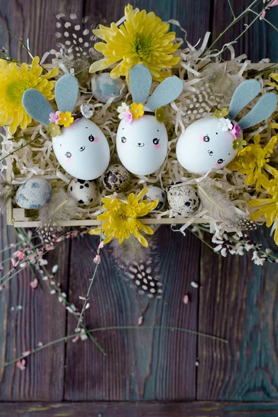 Пасхальный фон, домашняя яичная скорлупа кроликов и желтый хризант — стоковое фото