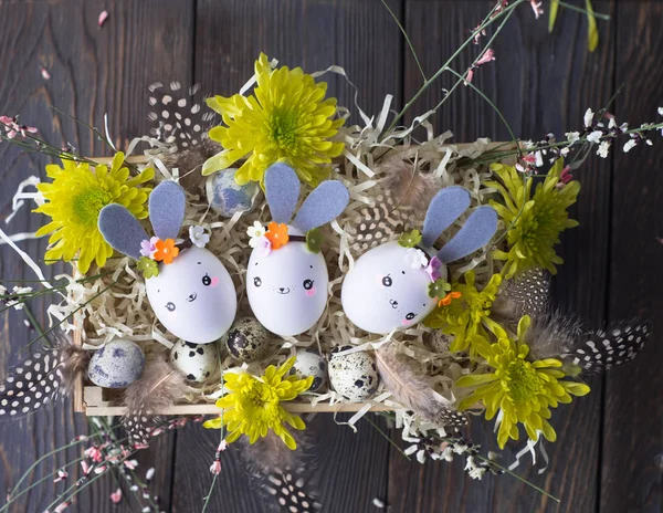 Húsvéti háttér, a házi tojáshéj nyuszik és a sárga chrysant — Stock Fotó