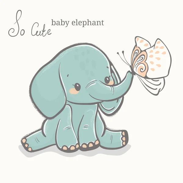 Elefante bebé con ilustración de mariposa, dibujo animal lindo — Archivo Imágenes Vectoriales
