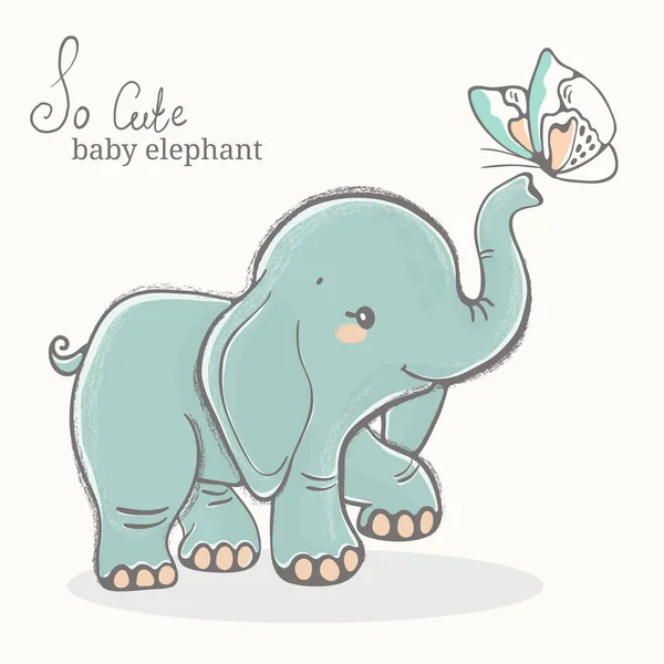 Elefante bebé con ilustración de mariposa, dibujo animal lindo — Archivo Imágenes Vectoriales
