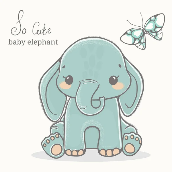 Elefante bebé con ilustración de mariposa, dibujos de animales lindos — Vector de stock