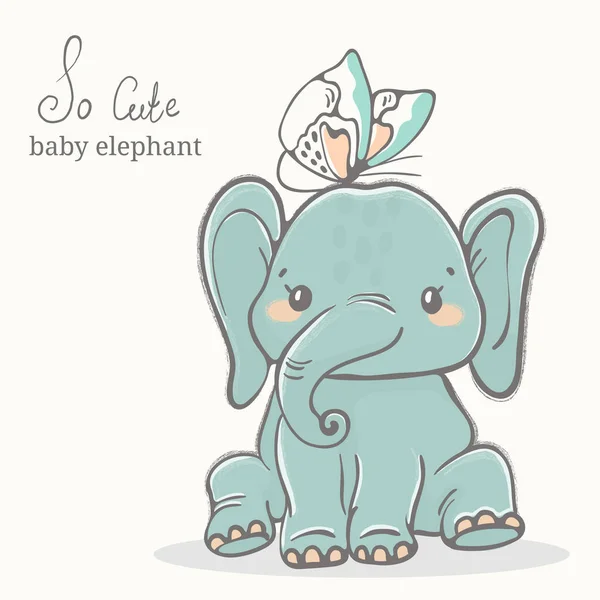 Elefante de bebê com ilustração de borboleta, desenhos de animais bonitos — Vetor de Stock