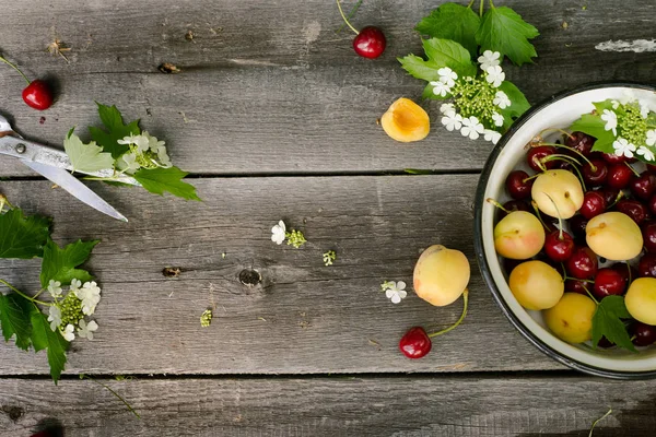 Фрукты на древесном ржавом фоне - вишня и абрикос, Food st — стоковое фото