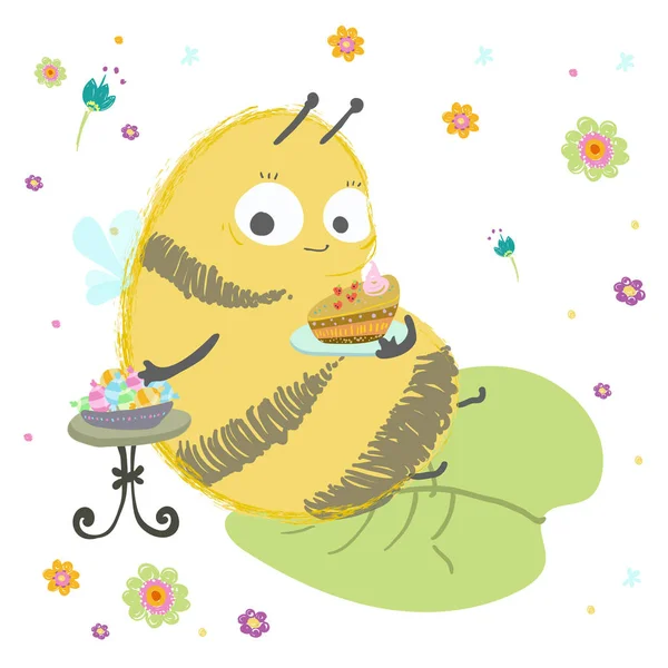 The Bumble bee, bee wuth cake and sweets, Insects are celebratin — Stock Vector