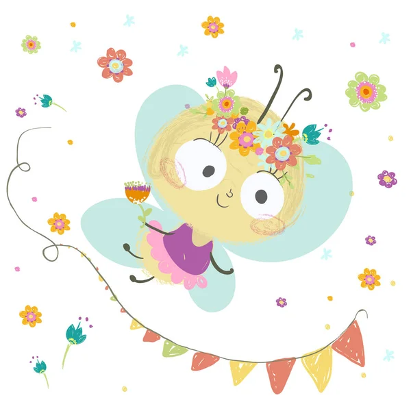 Mariposa con una guirnalda, los insectos celebran el cumpleaños, chi brillante — Vector de stock