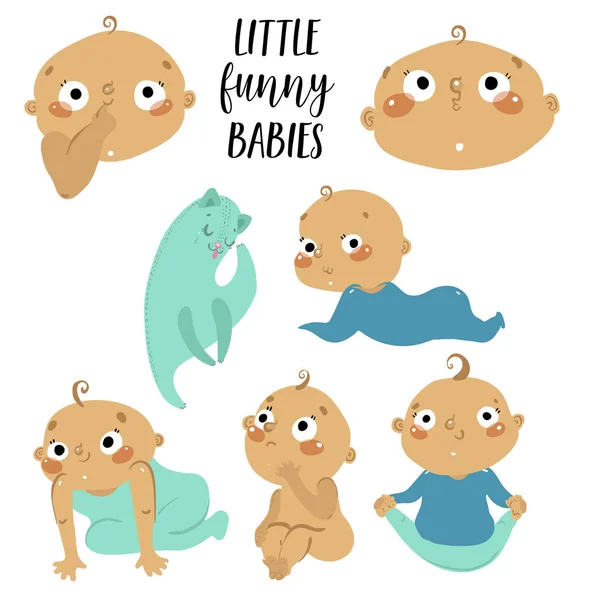 Baby's collectie, verschillende poses en emoties en kat — Stockvector