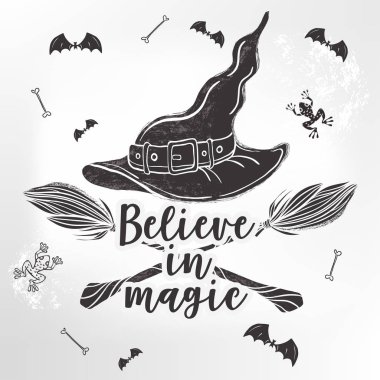 Cadılar Bayramı illüstrasyon, Halloween üzerinde Güzel bayan Witch Hat 