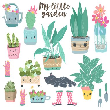 Uykulu kedi, komik karikatür ile neşeli tencere de ayarlanmış ev çiçekleri