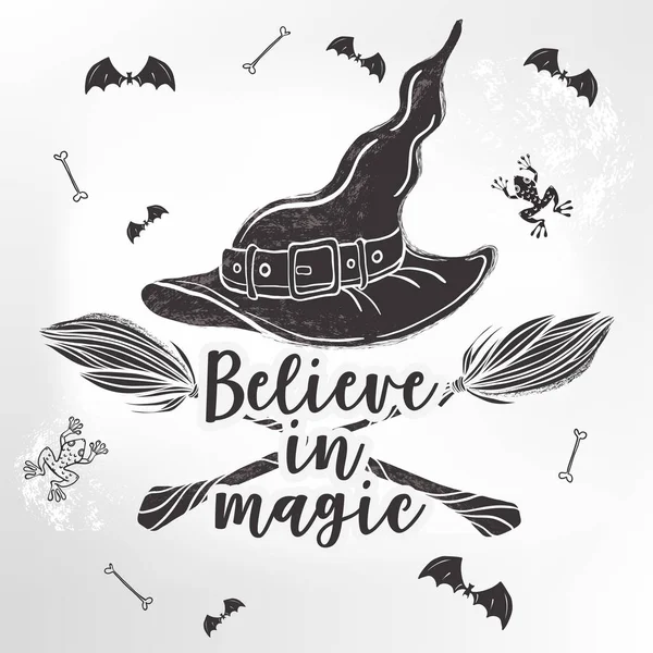 Cadılar Bayramı illüstrasyon, Halloween üzerinde Güzel bayan Witch Hat — Stok Vektör